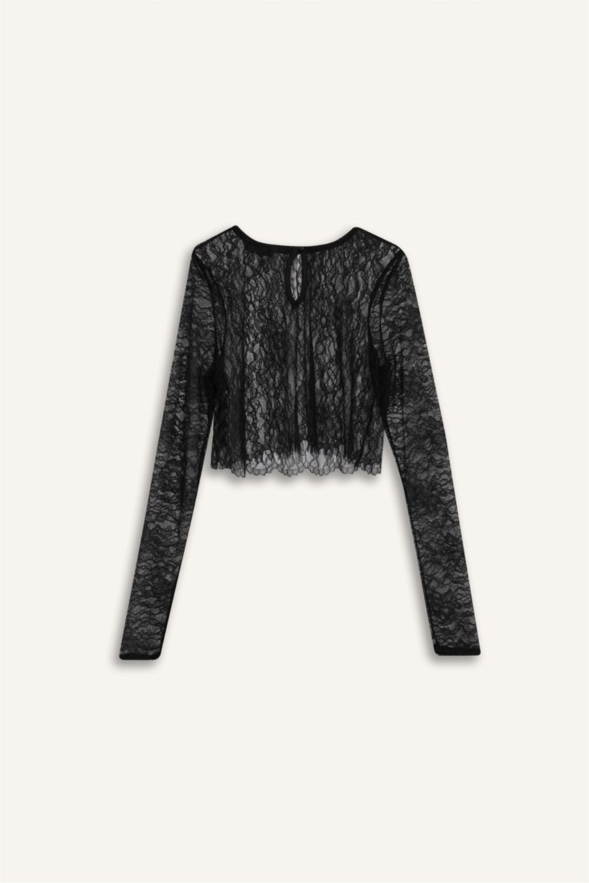 نساء أسود بلوزة كم طويل كروب بياقة مستديرة