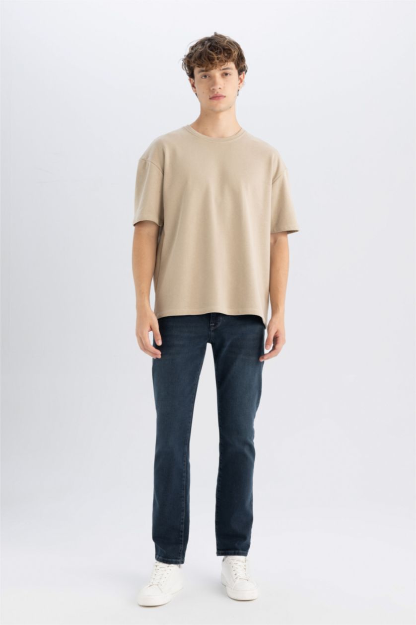 Erkek Taş Boxy Fit Bisiklet Yaka Pamuklu Basic Düz Kısa Kollu Tişört