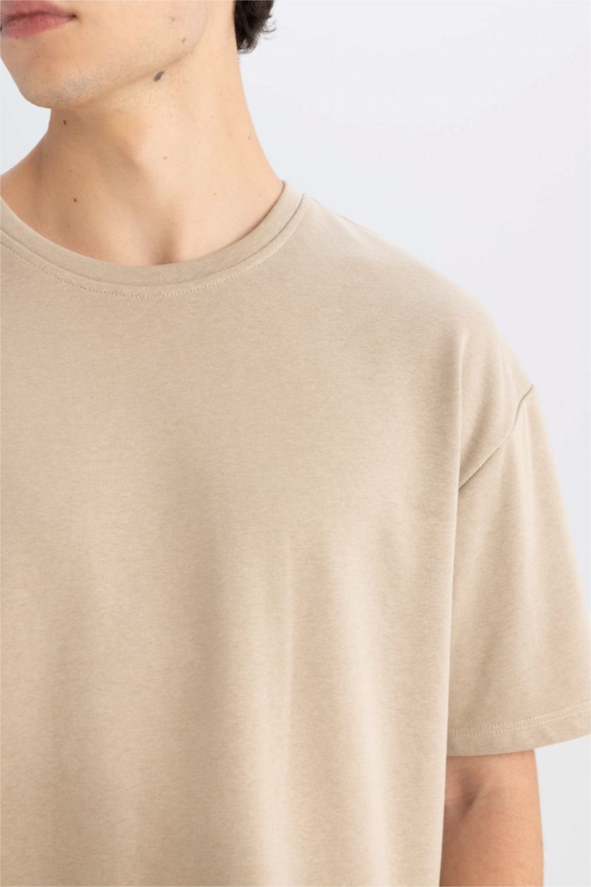 Erkek Taş Boxy Fit Bisiklet Yaka Pamuklu Basic Düz Kısa Kollu Tişört