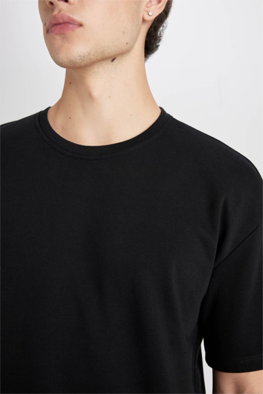 Erkek Siyah Boxy Fit Bisiklet Yaka Pamuklu Kısa Kollu Basic Düz Tişört