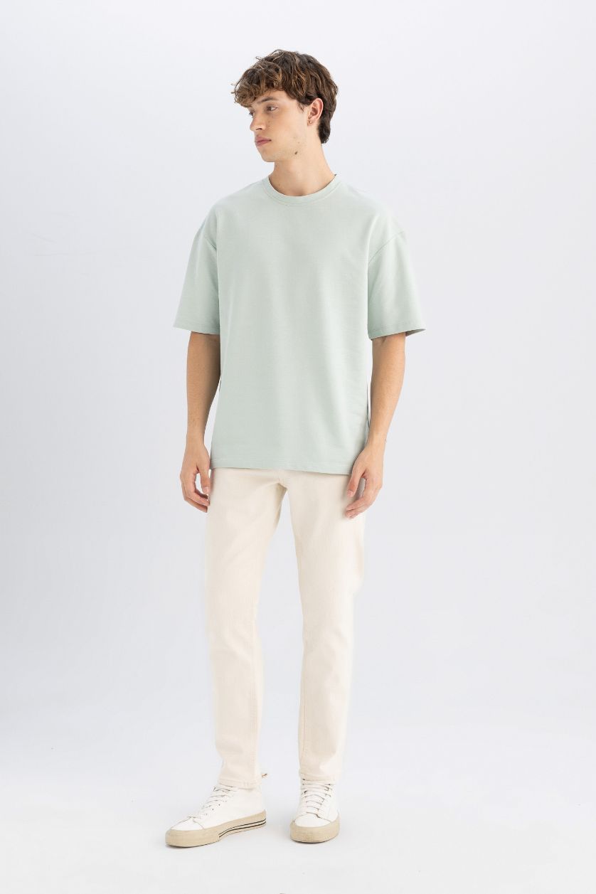 Erkek Mint %100 Pamuk Boxy Fit Bisiklet Yaka Basic Düz Kısa Kollu Tişört