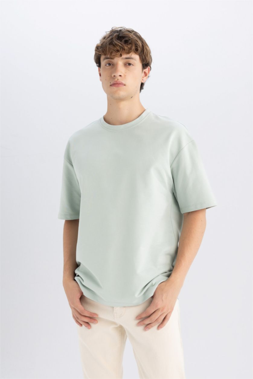 Erkek Mint %100 Pamuk Boxy Fit Bisiklet Yaka Basic Düz Kısa Kollu Tişört