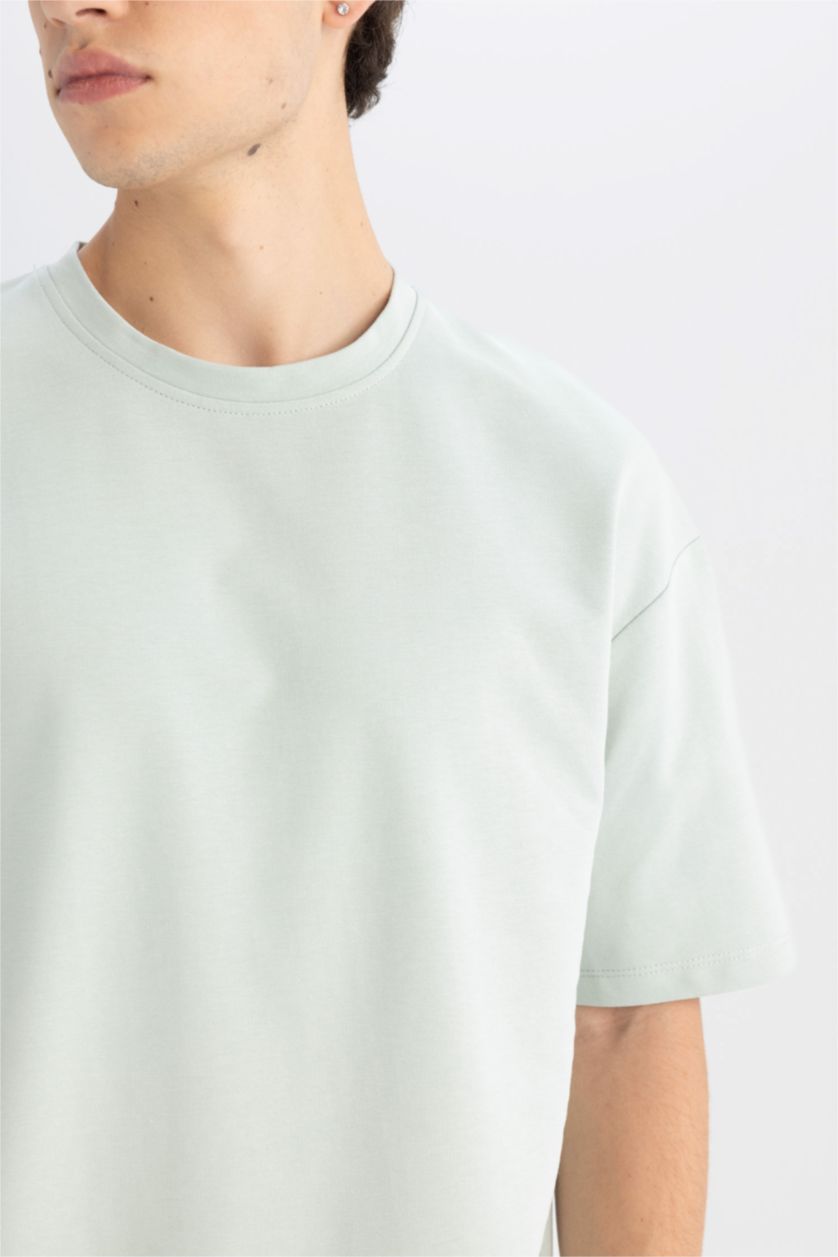 Erkek Mint %100 Pamuk Boxy Fit Bisiklet Yaka Basic Düz Kısa Kollu Tişört