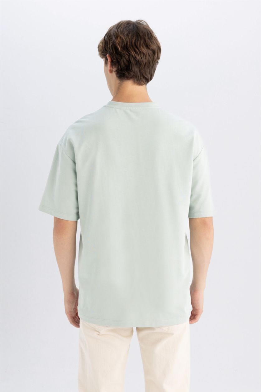 Erkek Mint %100 Pamuk Boxy Fit Bisiklet Yaka Basic Düz Kısa Kollu Tişört