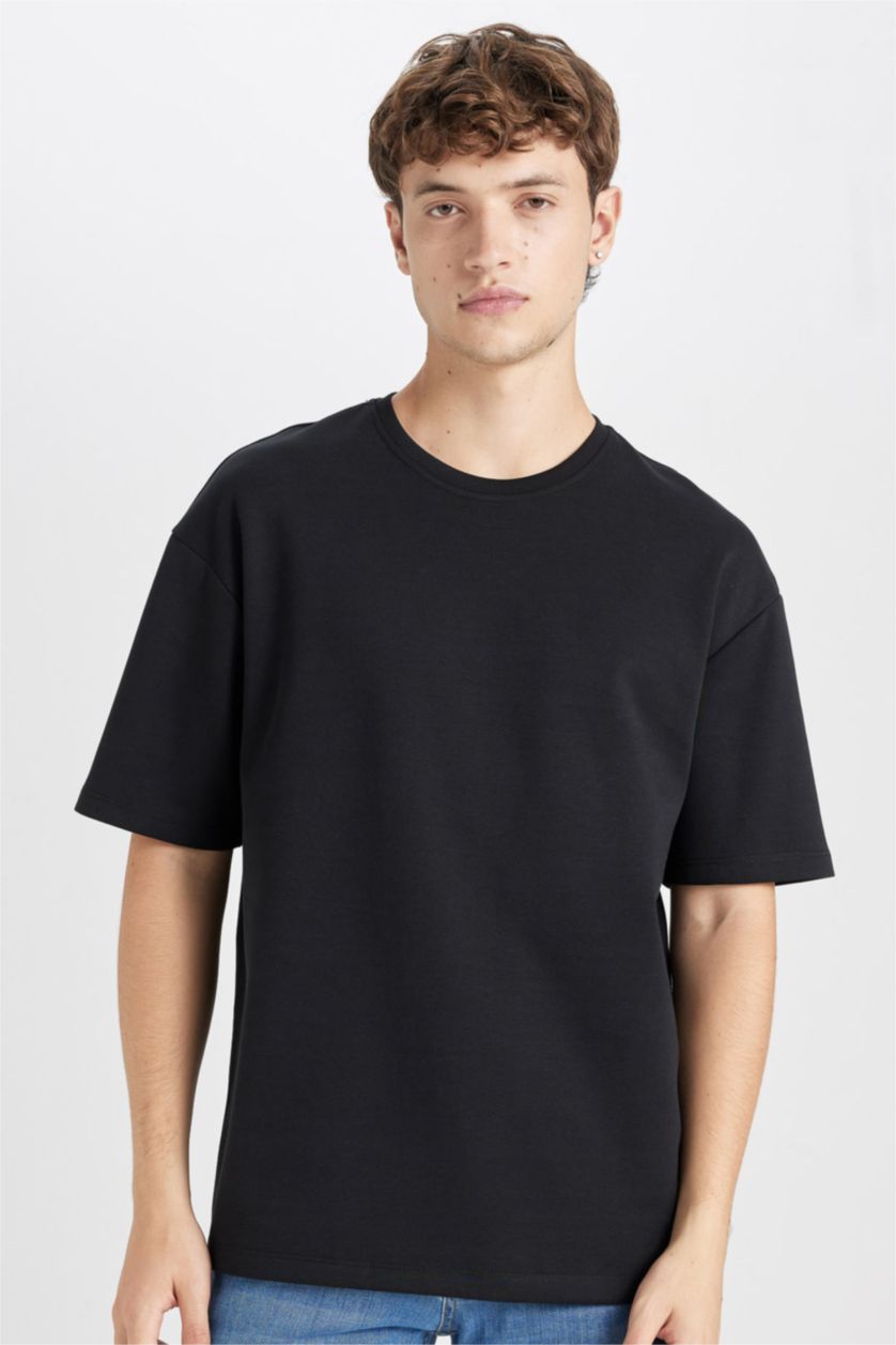 رجال أسود تيشيرت اسود سادة بيزك قطن أوفر سايز بياخة مستديرة