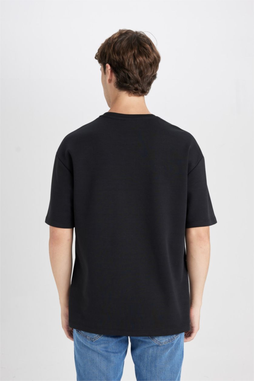 رجال أسود تيشيرت اسود سادة بيزك قطن أوفر سايز بياخة مستديرة