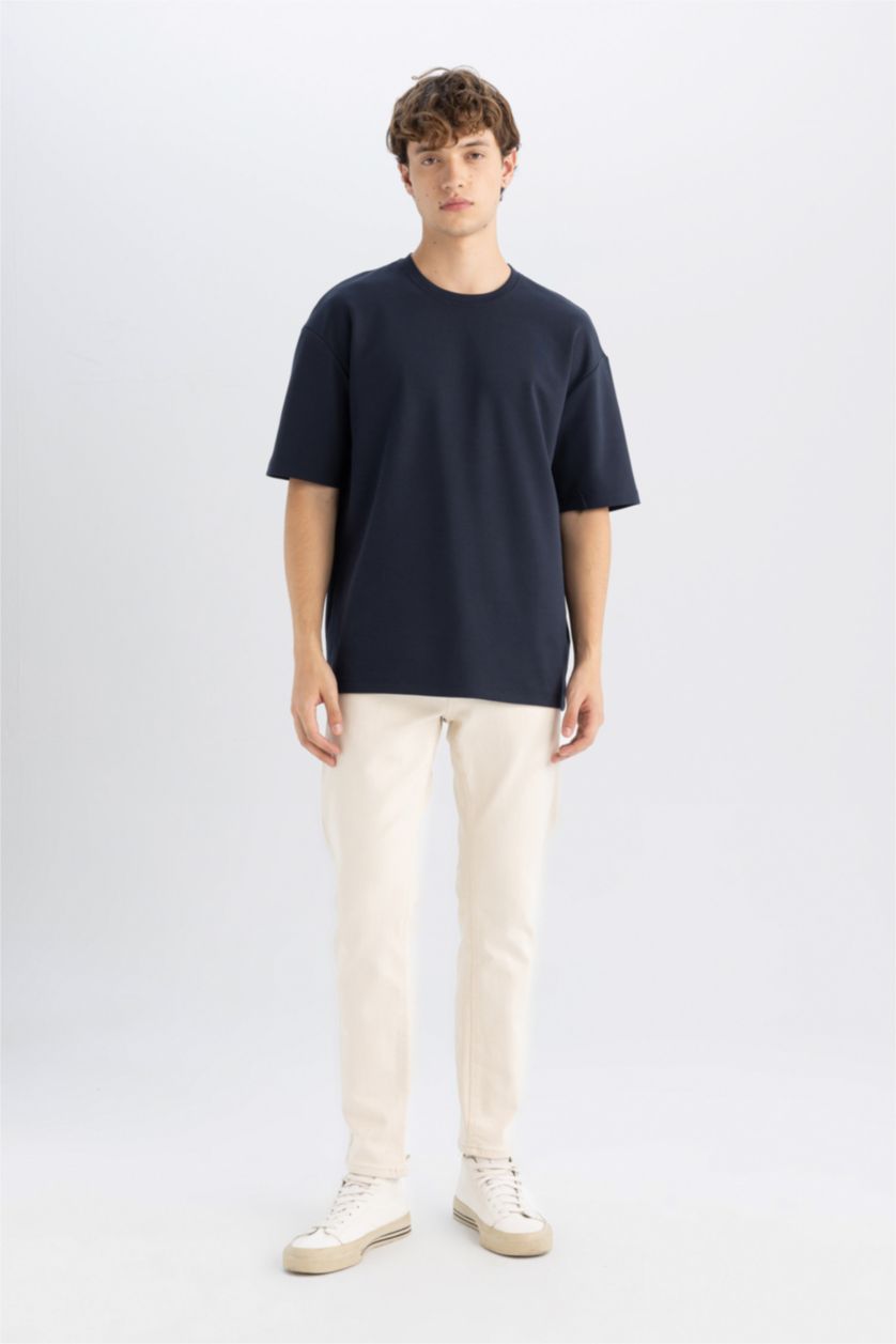 Erkek Açık Lacivert Boxy Fit Bisiklet Yaka Pamuklu Kısa Kollu Basic Düz Ağır Kumaş Tişört