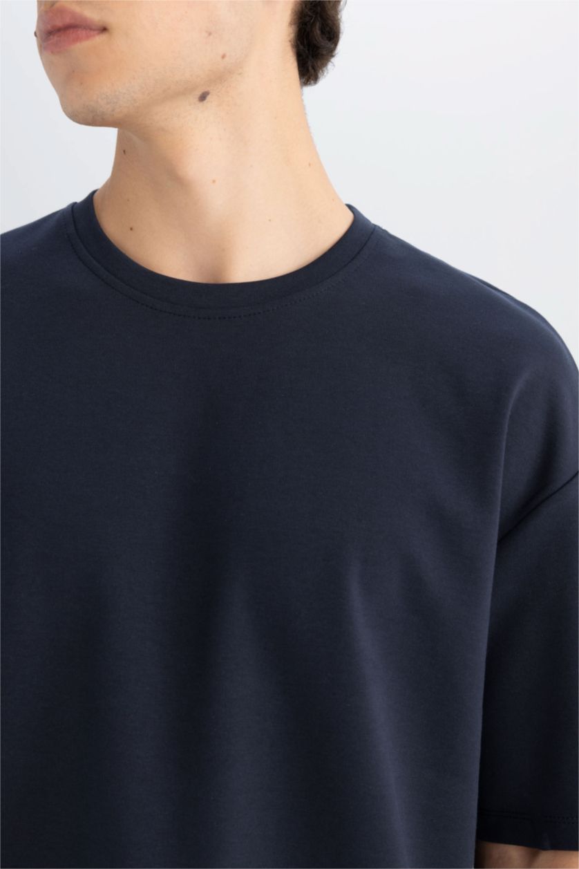 Erkek Açık Lacivert Boxy Fit Bisiklet Yaka Pamuklu Kısa Kollu Basic Düz Ağır Kumaş Tişört
