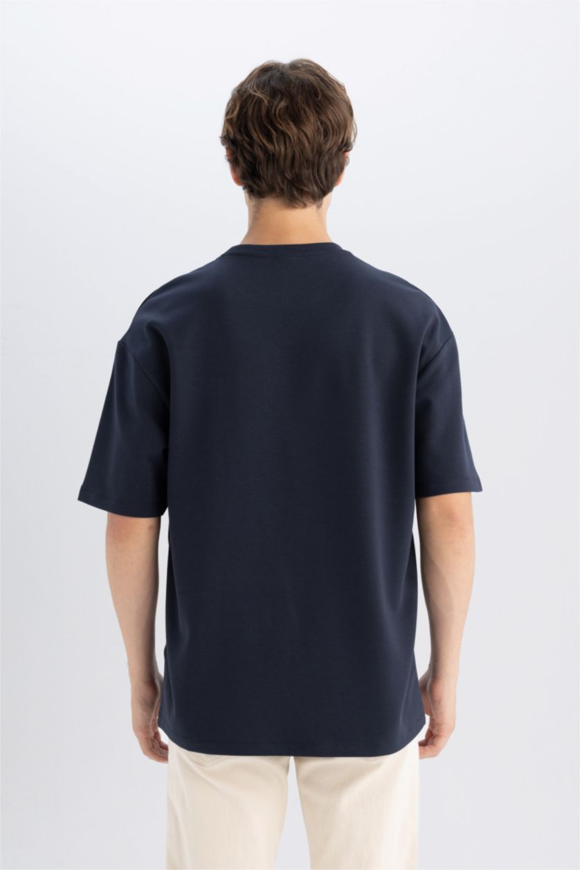 Erkek Açık Lacivert Boxy Fit Bisiklet Yaka Pamuklu Kısa Kollu Basic Düz Ağır Kumaş Tişört