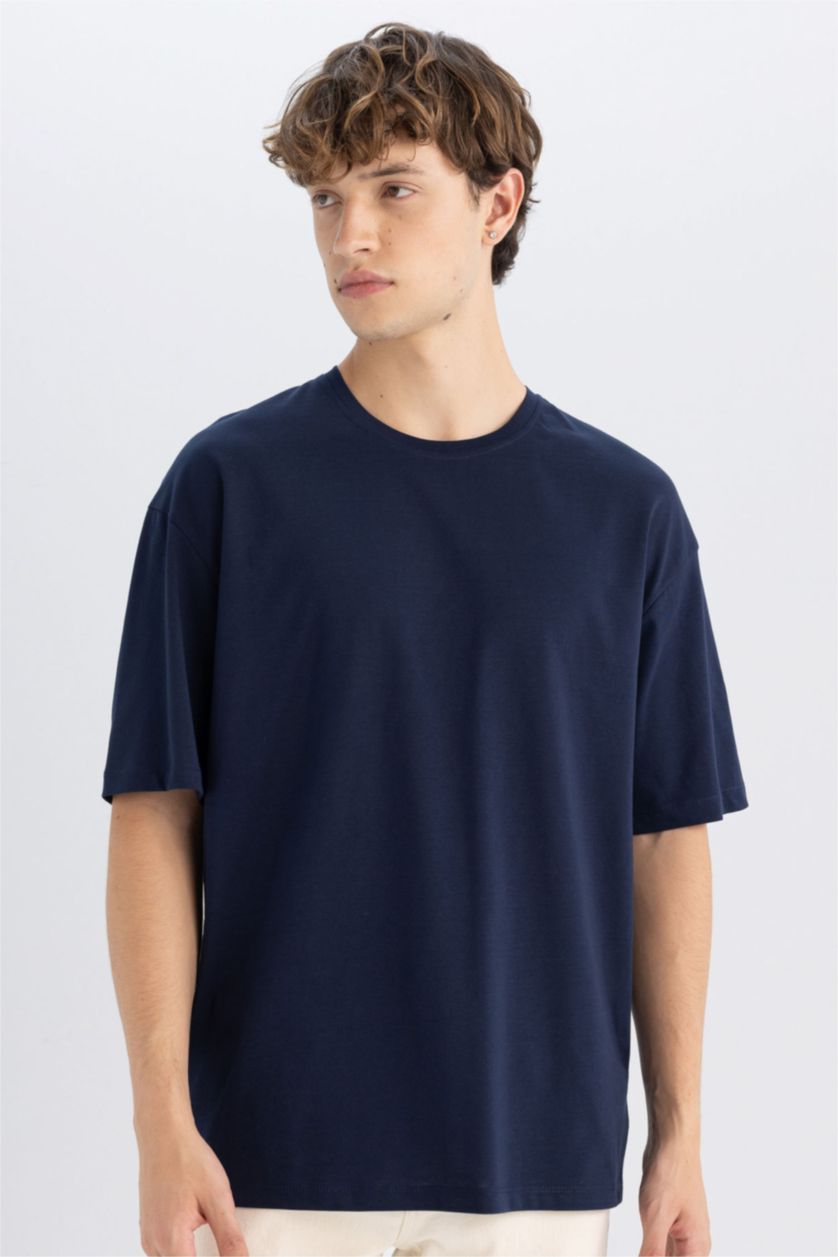 MAN Light Navy Blue Boxy Fit Cotton Basic T-Shirt