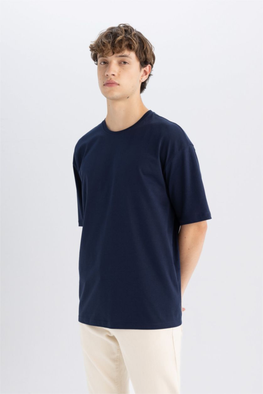 MAN Light Navy Blue Boxy Fit Cotton Basic T-Shirt