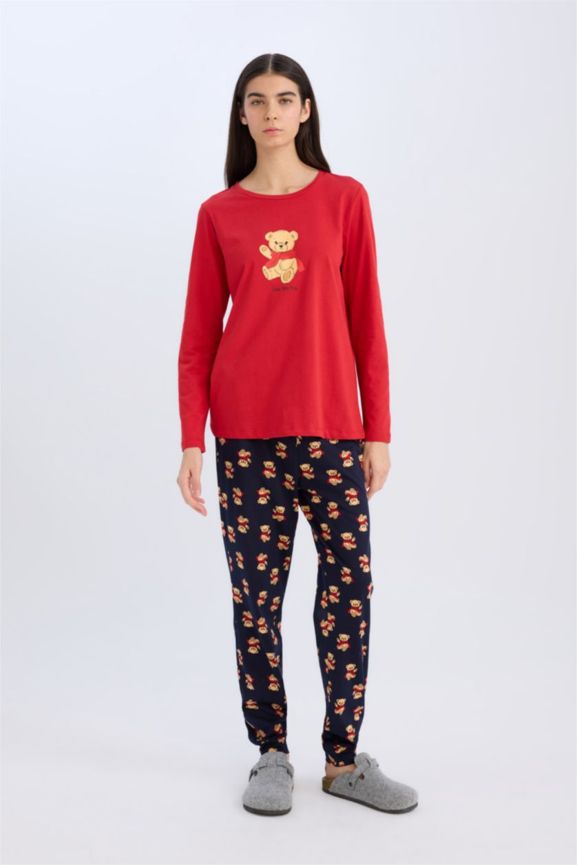 WOMAN NAVY Fall in Love Teddy Bear Printed Top Pajama Bottom  2 Piece Pajama Set
