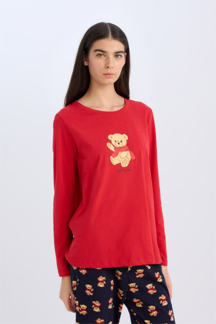 WOMAN NAVY Fall in Love Teddy Bear Printed Top Pajama Bottom  2 Piece Pajama Set