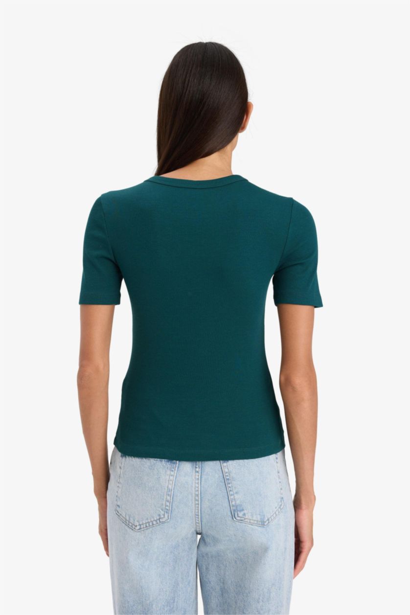 Женщины Темно-зеленый Облегающая футболка с круглым вырезом и короткими рукавами из кашкорсе