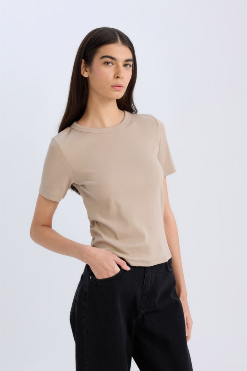 Kadın Vizon Slım Fıt Bisiklet Yaka Basıc Düz Fitilli Kaşkorse Kısa Kollu Tişört