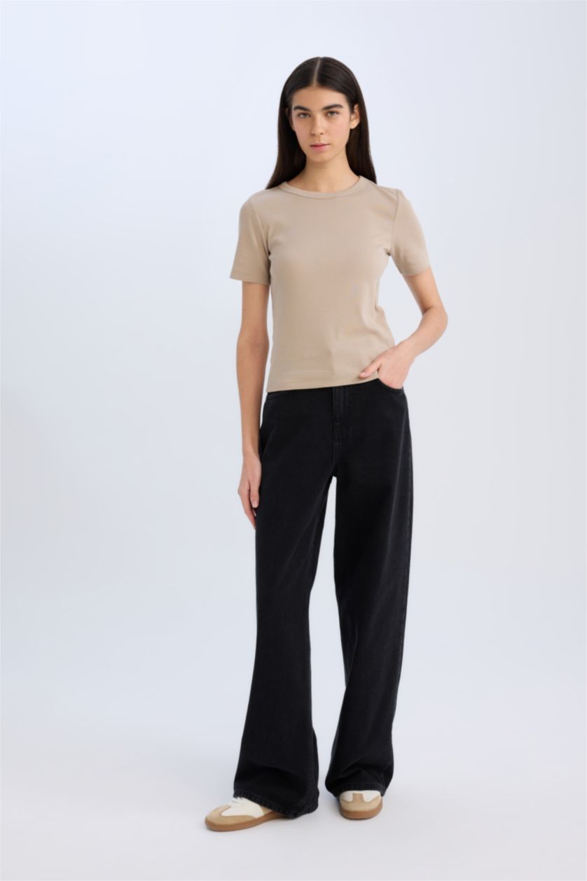 Kadın Vizon Slım Fıt Bisiklet Yaka Basıc Düz Fitilli Kaşkorse Kısa Kollu Tişört