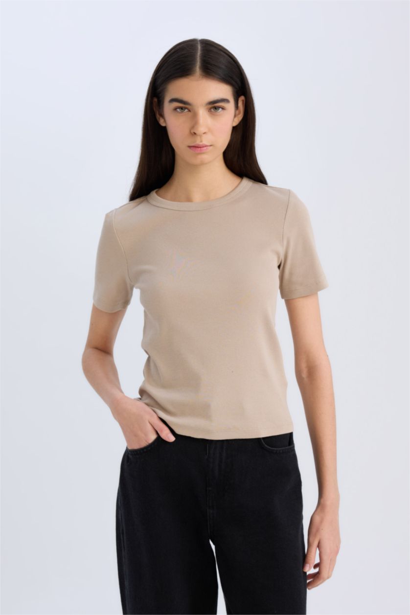 Kadın Vizon Slım Fıt Bisiklet Yaka Basıc Düz Fitilli Kaşkorse Kısa Kollu Tişört