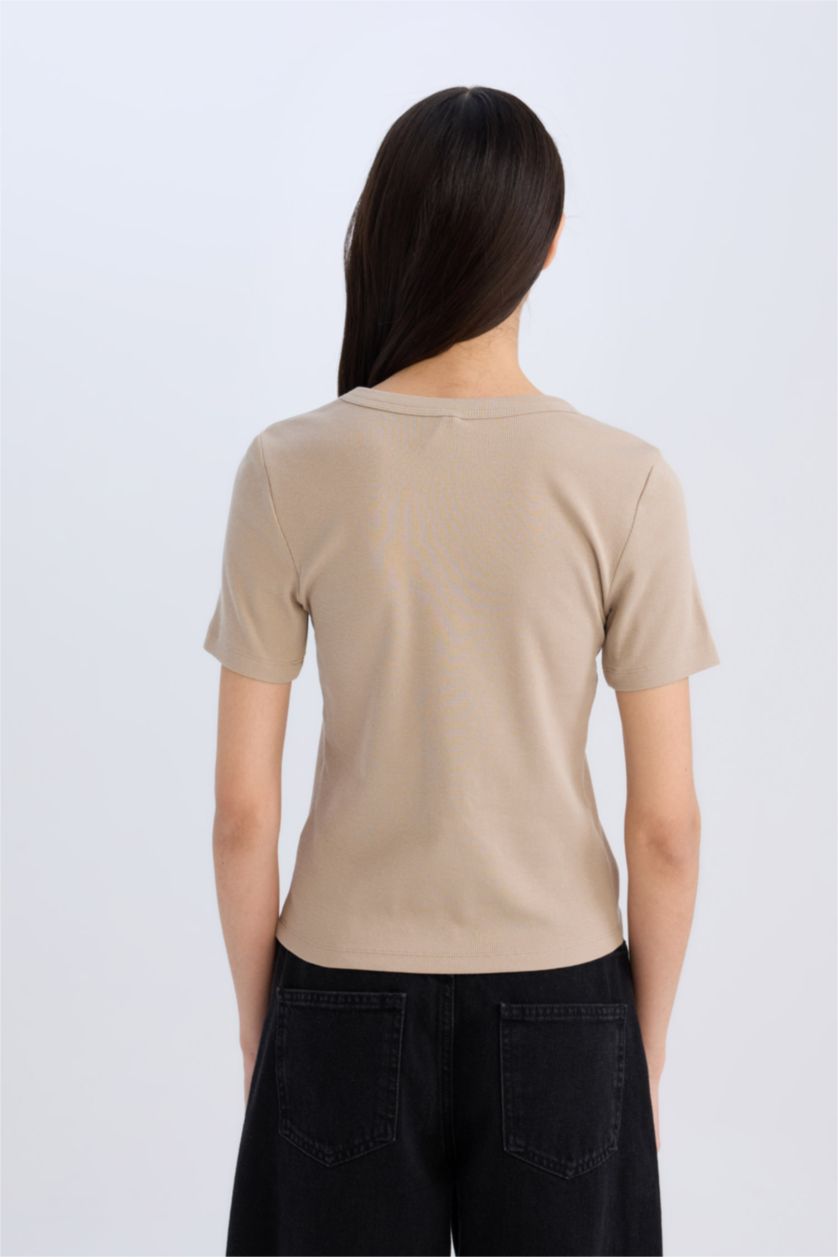 Kadın Vizon Slım Fıt Bisiklet Yaka Basıc Düz Fitilli Kaşkorse Kısa Kollu Tişört