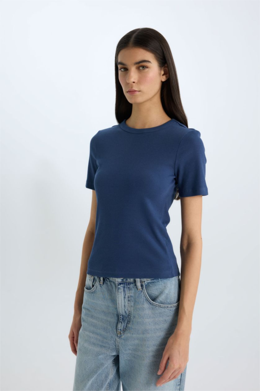 Woman Indigo Slim Fit Crew Neck Basic Casual Corduroy T-shirt