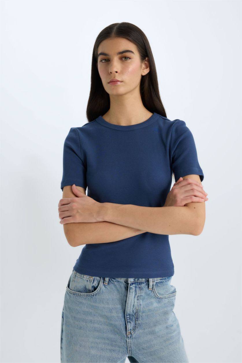 Woman Indigo Slim Fit Crew Neck Basic Casual Corduroy T-shirt