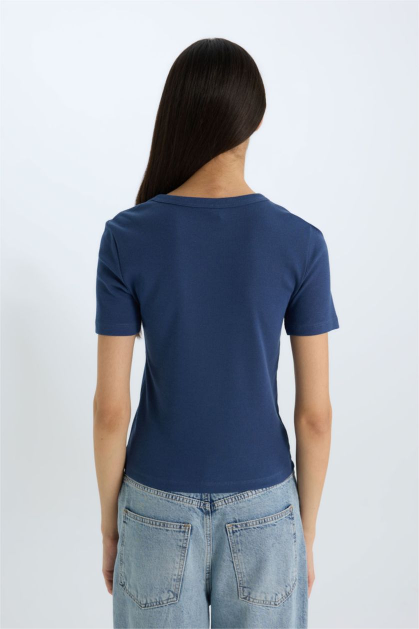 Woman Indigo Slim Fit Crew Neck Basic Casual Corduroy T-shirt