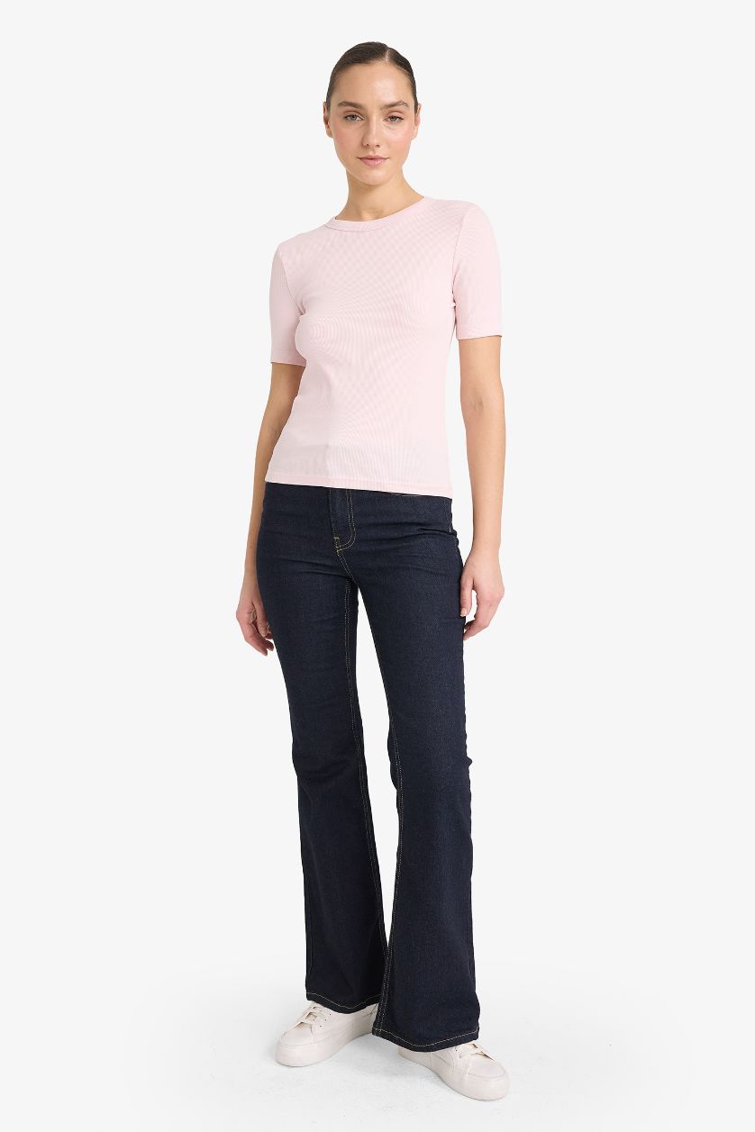 Woman Light Pink Basic Slim Fit Ribbed Crew Neck Short Sleeved  T-shirt