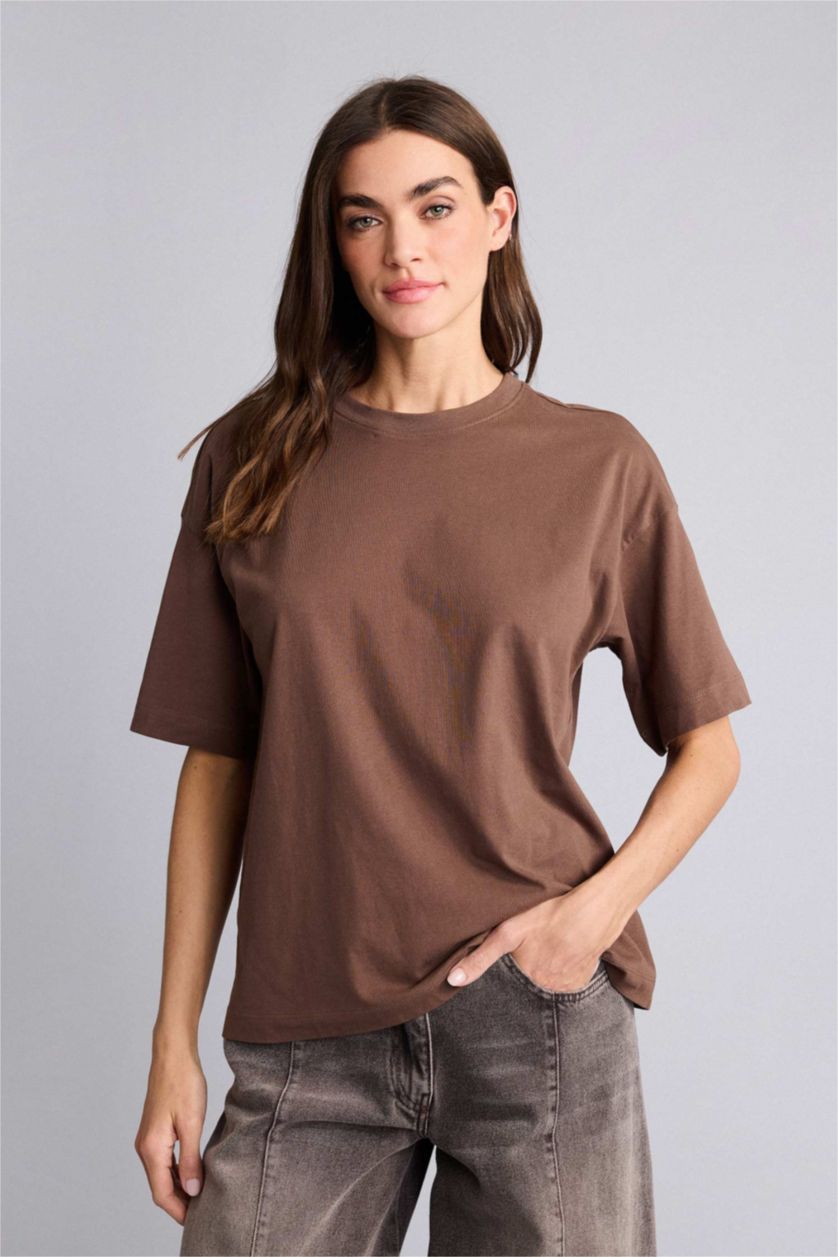 Kadın Kahve Kısa kollu Penye Kumaş Tişört
