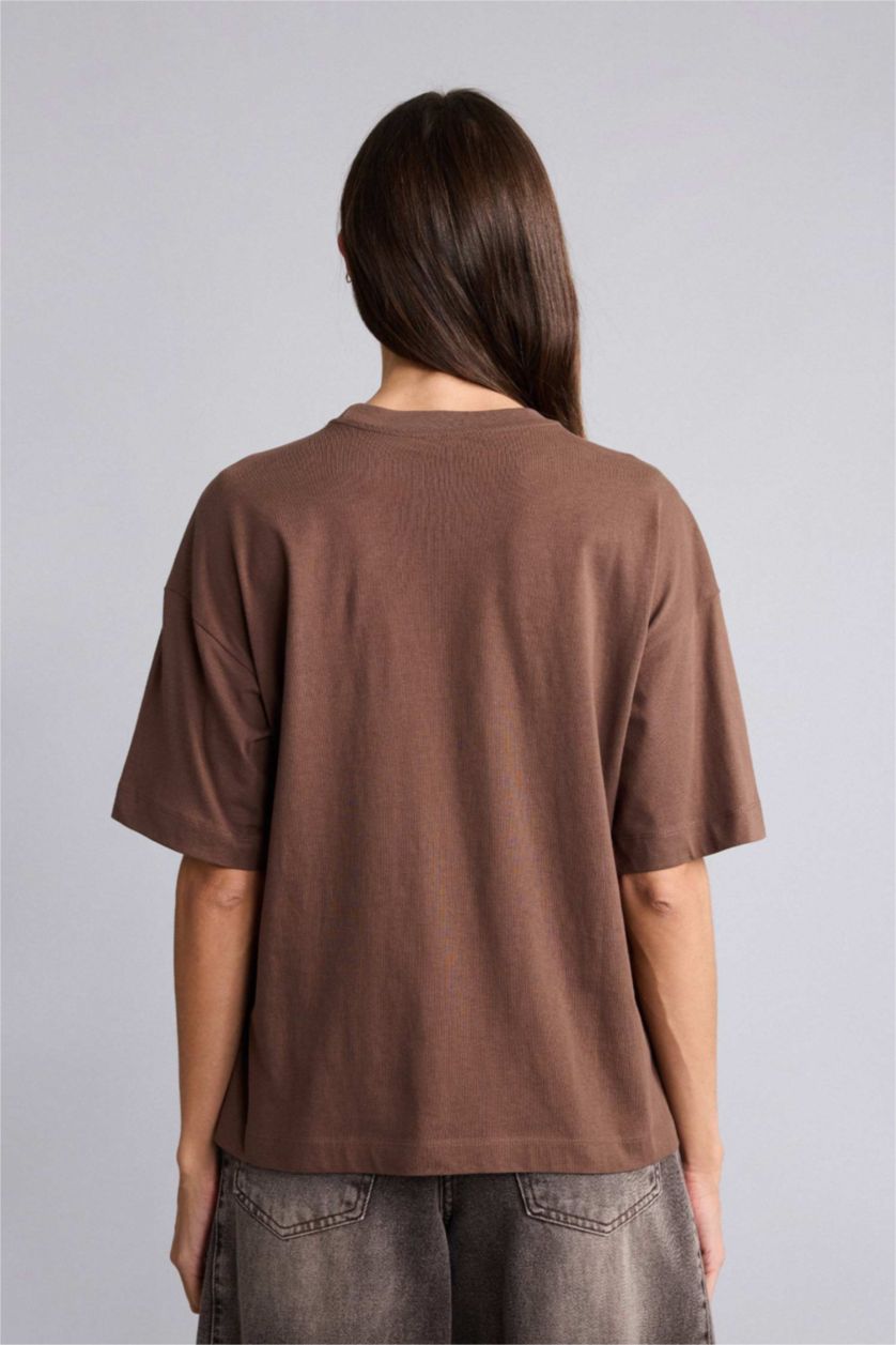 Kadın Kahve Kısa kollu Penye Kumaş Tişört