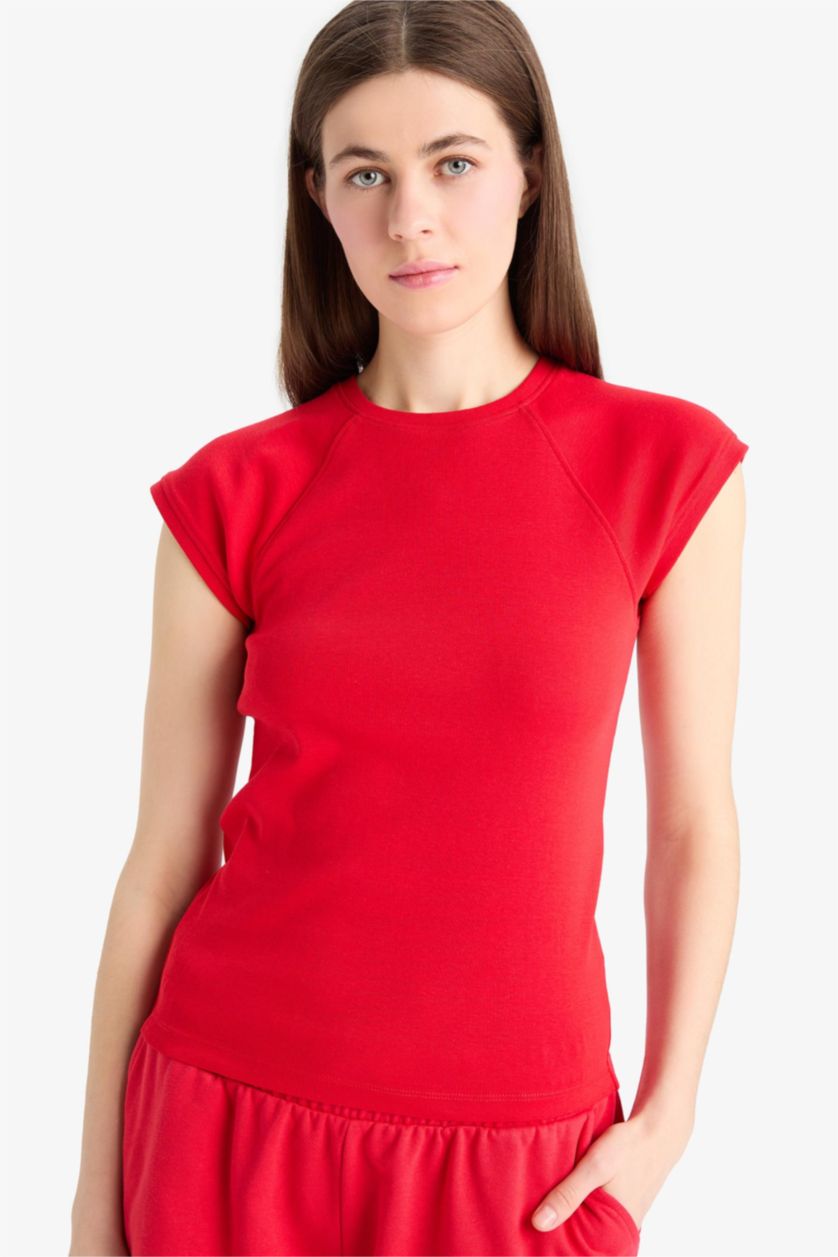 Женщины Красный Slim Fit плотно обтягивающая футболка с круглым вырезом однотонная с коротким рукавом