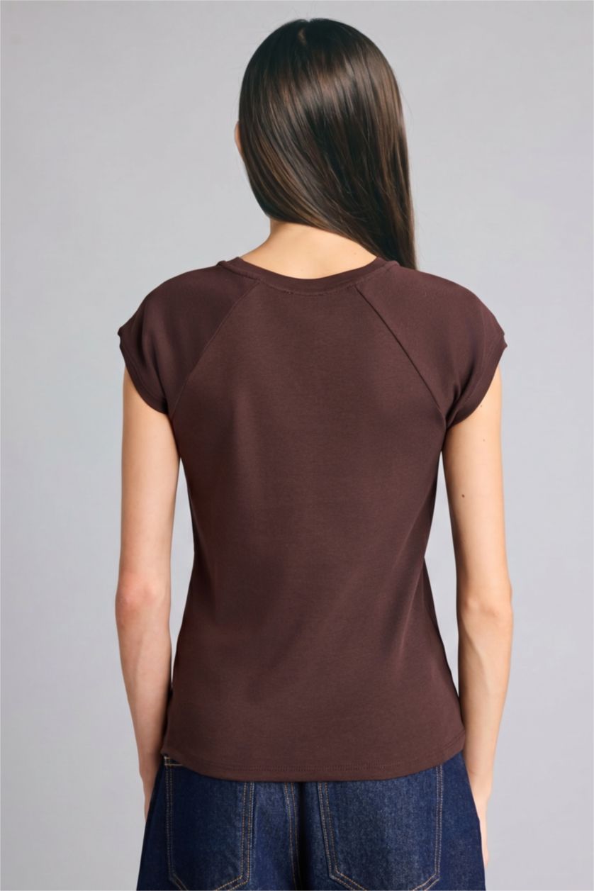 Women Brown Slim Fit Ribana Short Sleeve T-Shirt