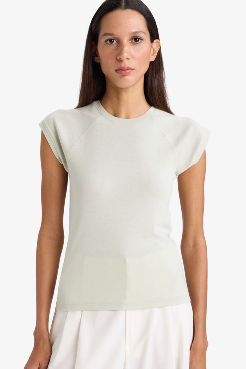 Әйелдерге Сұр Slim Fit дөңгелек жағалы негізгі тегіс рибана қысқа жеңді футболка