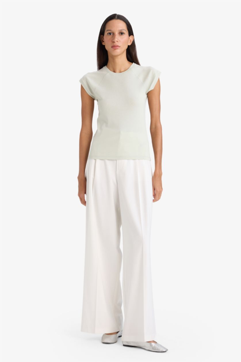 Әйелдерге Сұр Slim Fit дөңгелек жағалы негізгі тегіс рибана қысқа жеңді футболка