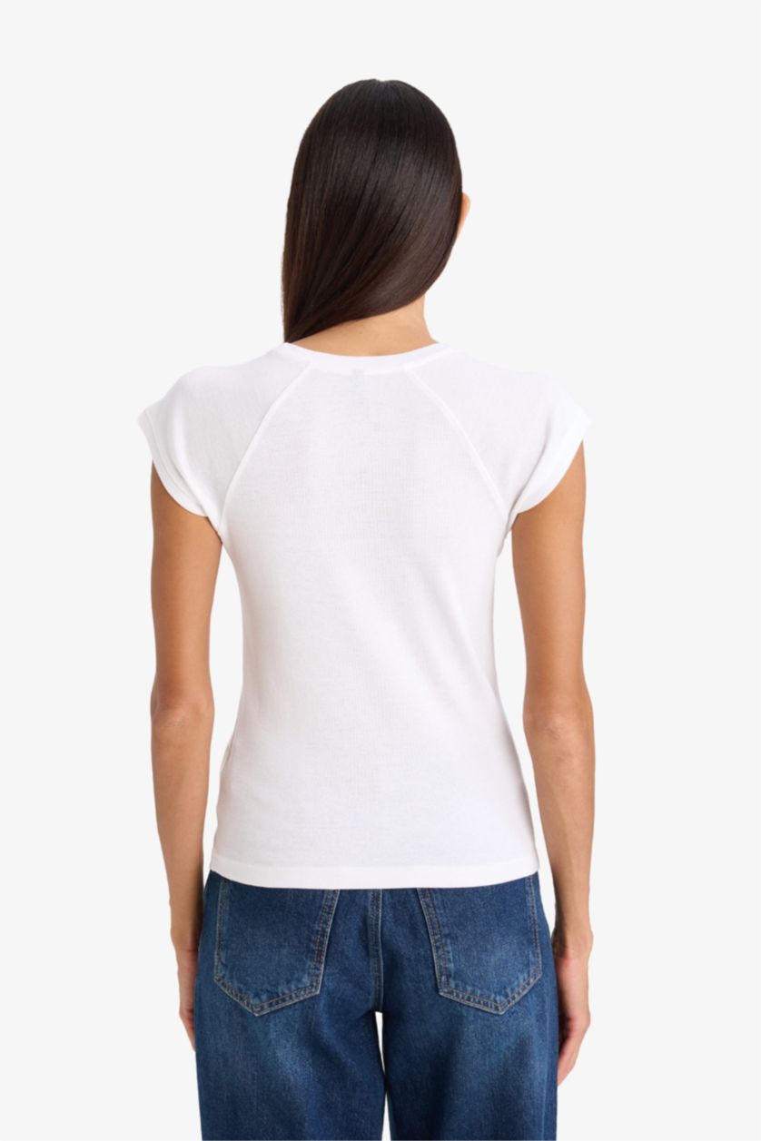 Әйелдерге ақ Slim Fit дөңгелек жағалы негізгі тегіс рибана қысқа жеңді футболка