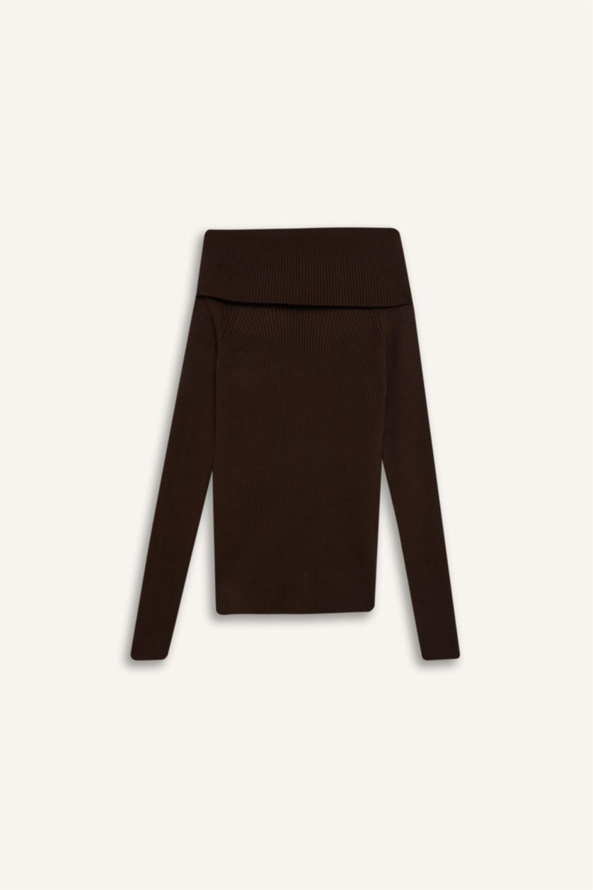 Kadın Kahve Fitted Omuzu Açık Fitilli Kaşkorse Triko Bluz