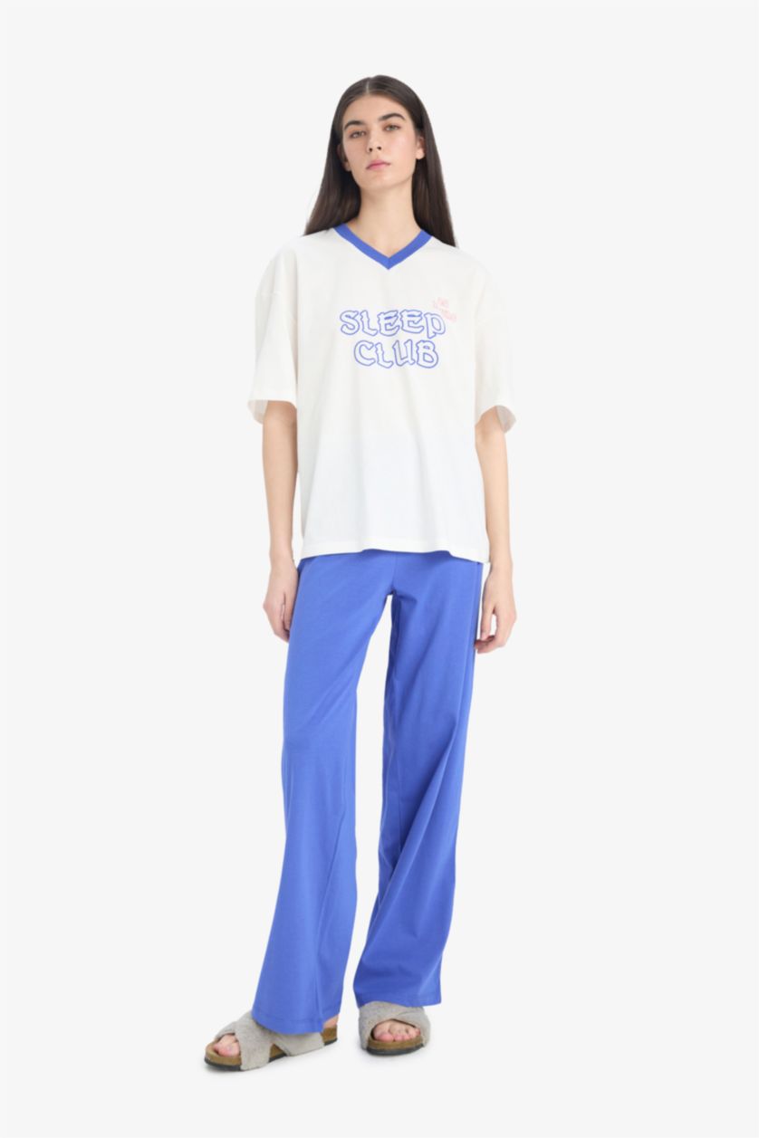 Kadın Saks Pijama Takımı Kısa Kollu Üst Beli Lastikli Uzun Alt