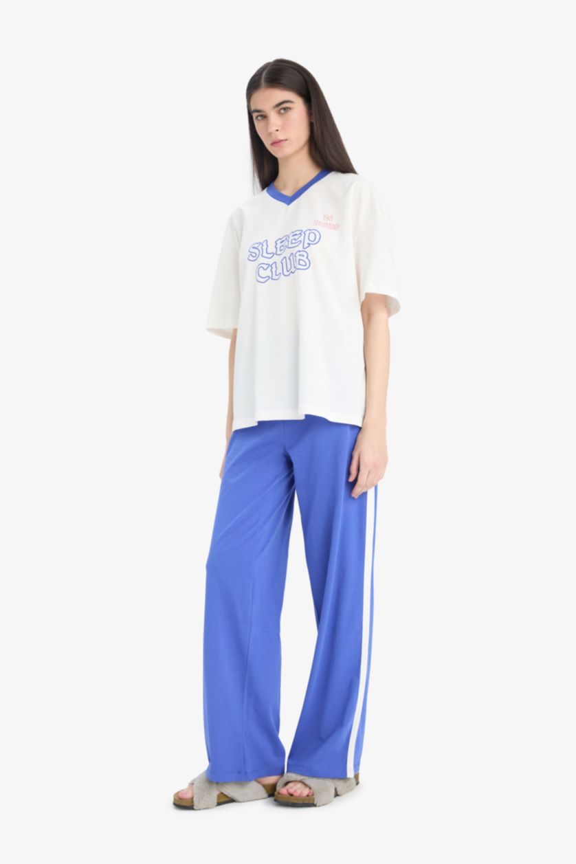 Kadın Saks Pijama Takımı Kısa Kollu Üst Beli Lastikli Uzun Alt