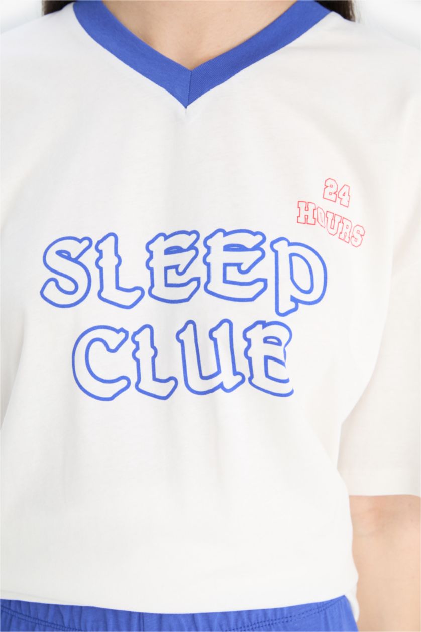 Kadın Saks Pijama Takımı Kısa Kollu Üst Beli Lastikli Uzun Alt