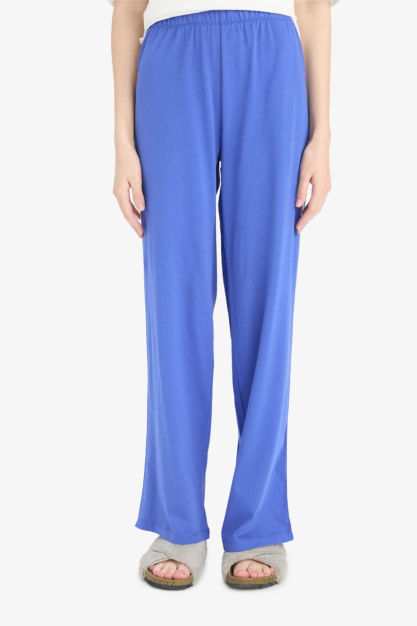 Kadın Saks Pijama Takımı Kısa Kollu Üst Beli Lastikli Uzun Alt