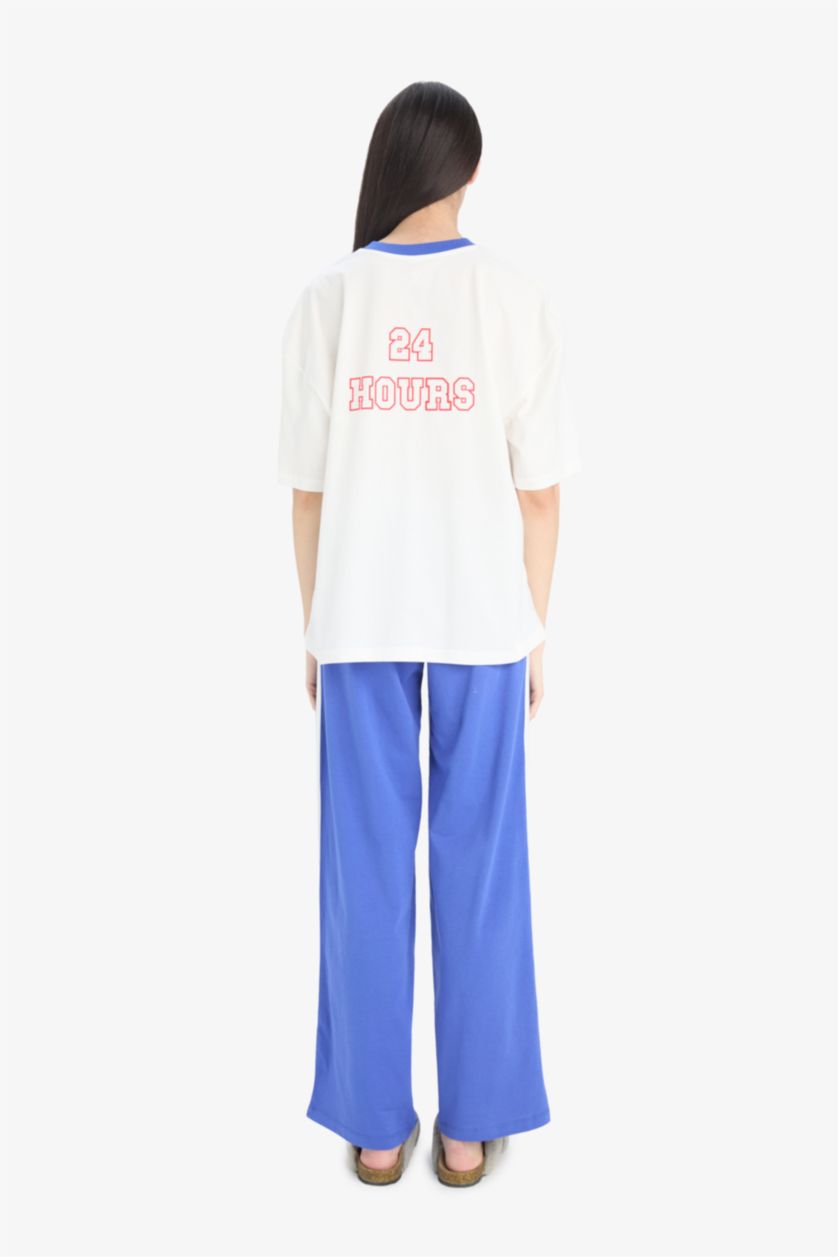 Kadın Saks Pijama Takımı Kısa Kollu Üst Beli Lastikli Uzun Alt