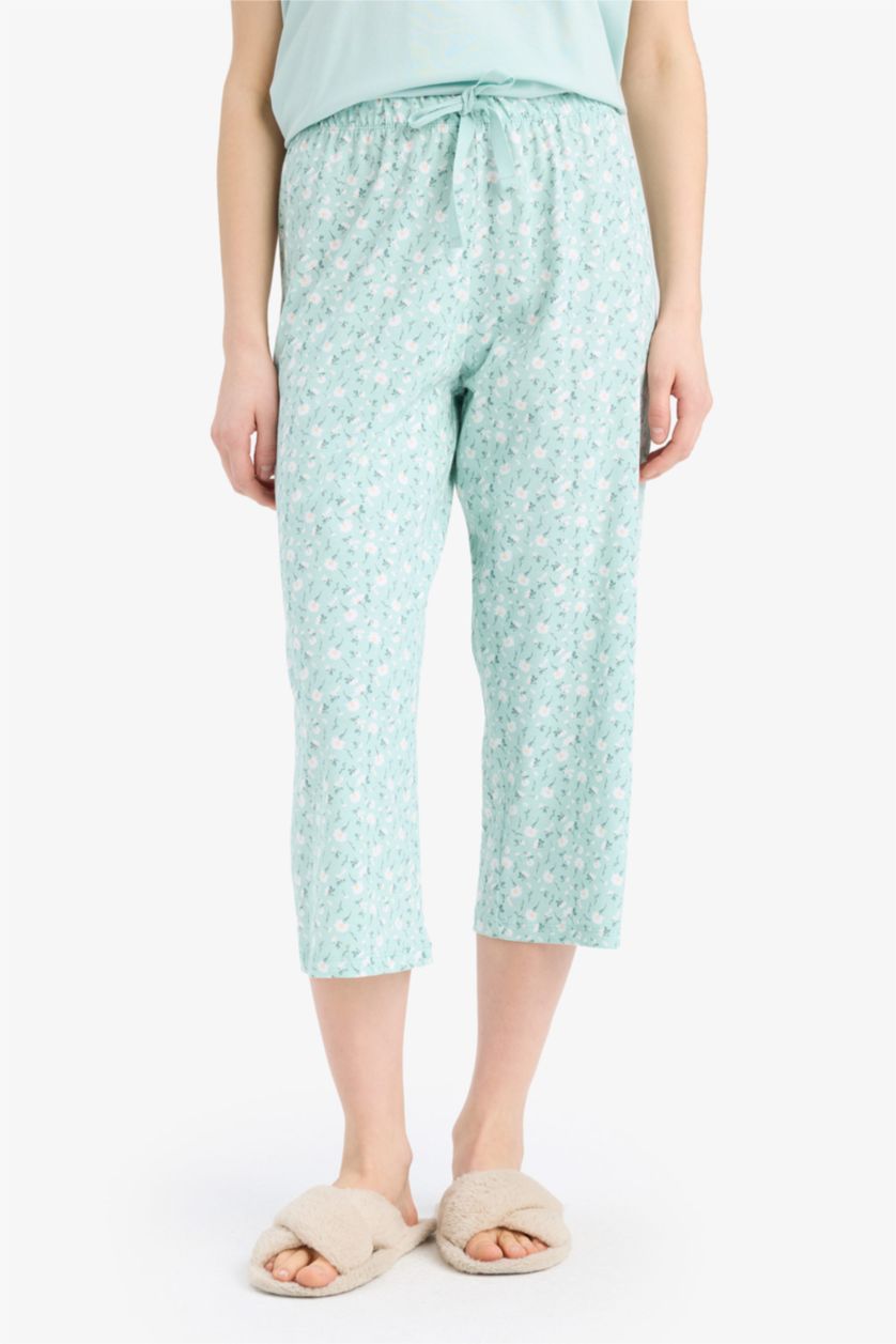 Kadın Mint Pijama Takımı Kısa Kollu Üst Beli Lastikli Kapri Altı