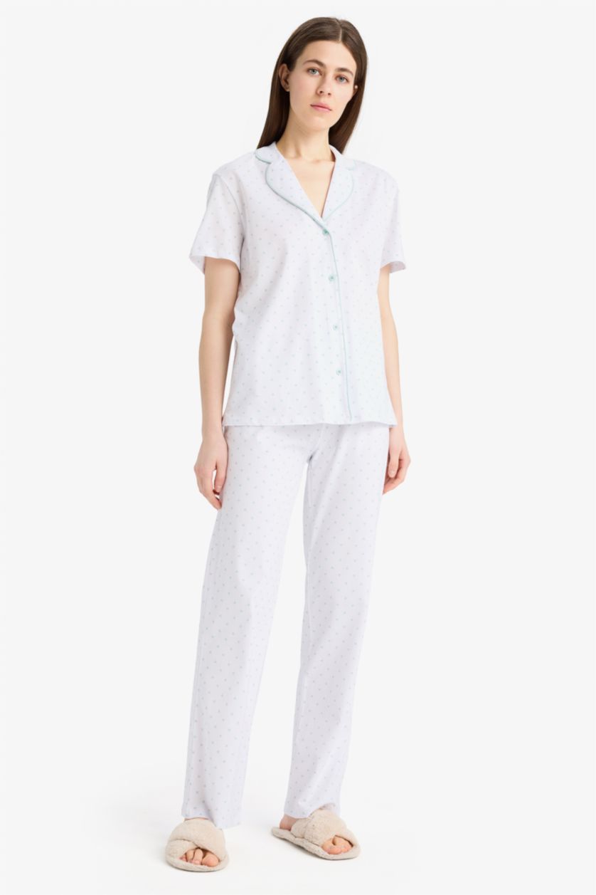 Kadın Ekru Regular Fit Pijama Takımı Kısa Kollu Üst Beli Lastikli Uzun Alt