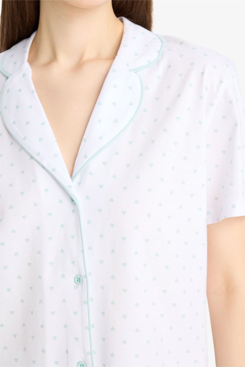 Kadın Ekru Regular Fit Pijama Takımı Kısa Kollu Üst Beli Lastikli Uzun Alt