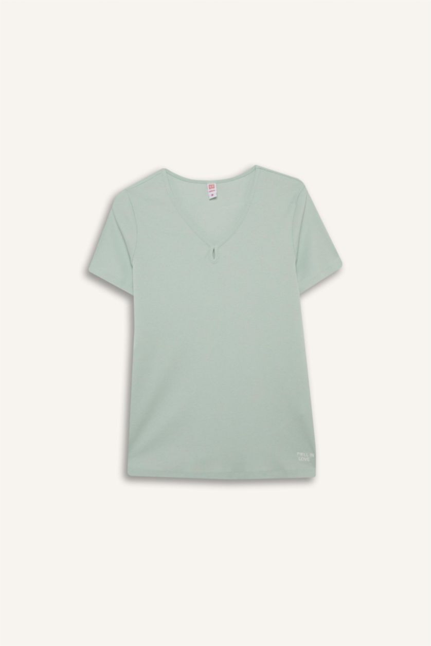 Kadın Mint Regular Fit Pijama Takımı Kısa Kollu Üst Desenli Uzun Alt