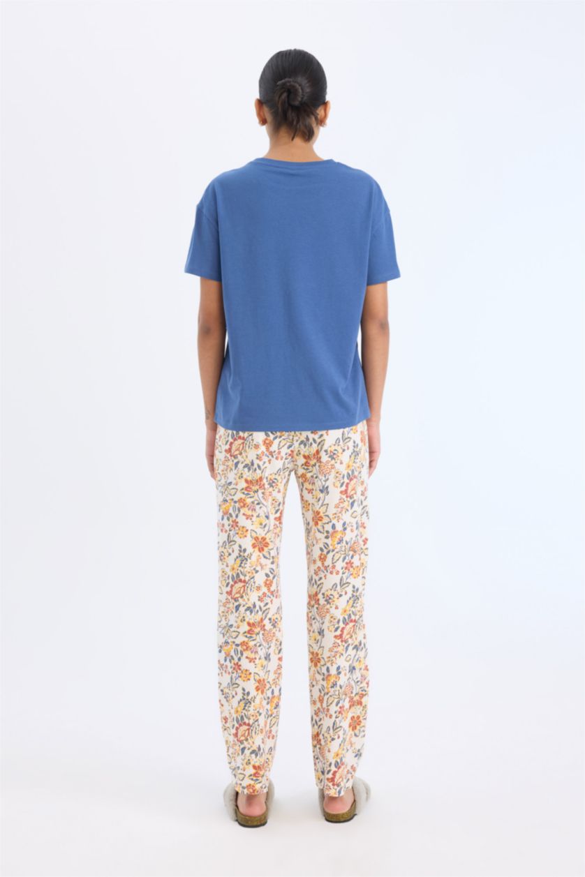 نساء نيلي طقم بيجاما قصة عادية تيشيرت و سروال فلورال - قطعتين