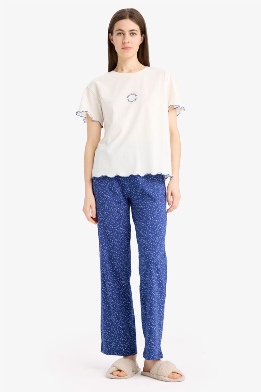 Kadın İndigo Pijama Takımı Kısa Kollu Üst Beli Lastikli Uzun Alt