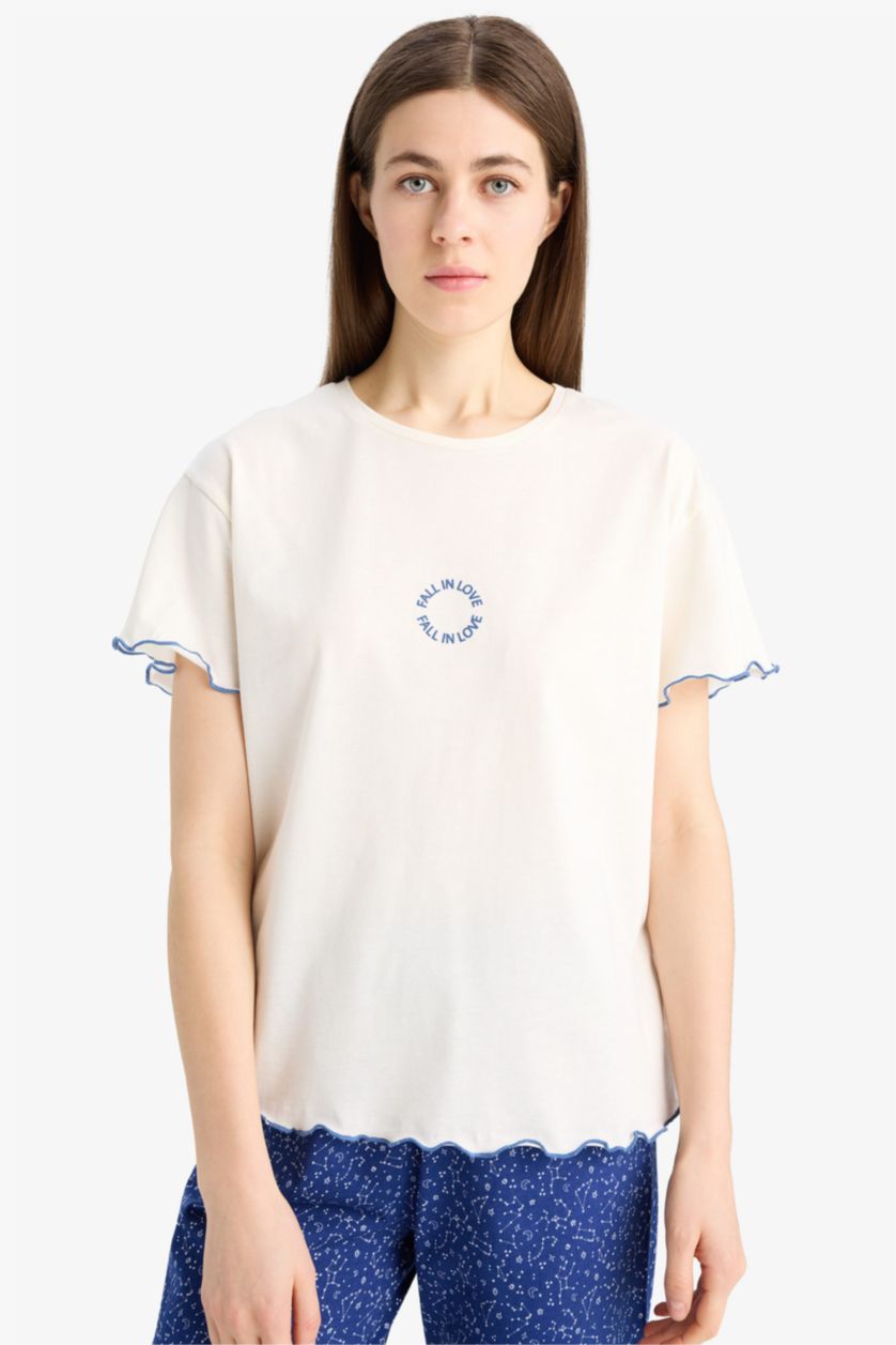 Kadın İndigo Pijama Takımı Kısa Kollu Üst Beli Lastikli Uzun Alt