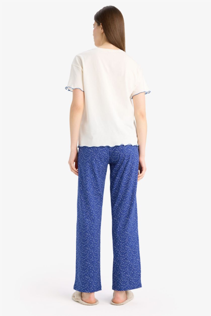 Kadın İndigo Pijama Takımı Kısa Kollu Üst Beli Lastikli Uzun Alt