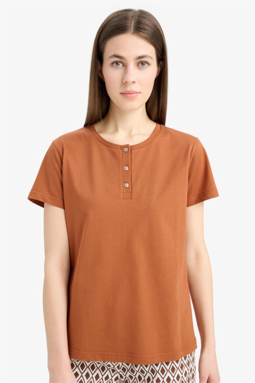 Kadın Koyu Camel Pijama Takımı Kısa Kollu Üst Beli Lastikli Uzun Alt