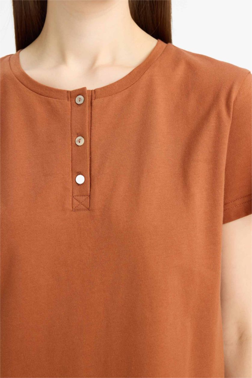 Kadın Koyu Camel Pijama Takımı Kısa Kollu Üst Beli Lastikli Uzun Alt