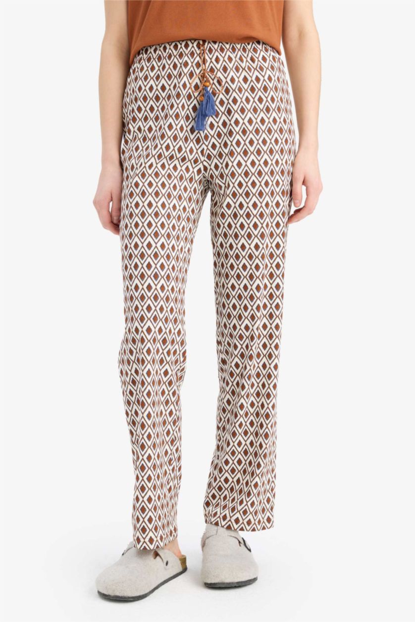 Kadın Koyu Camel Pijama Takımı Kısa Kollu Üst Beli Lastikli Uzun Alt